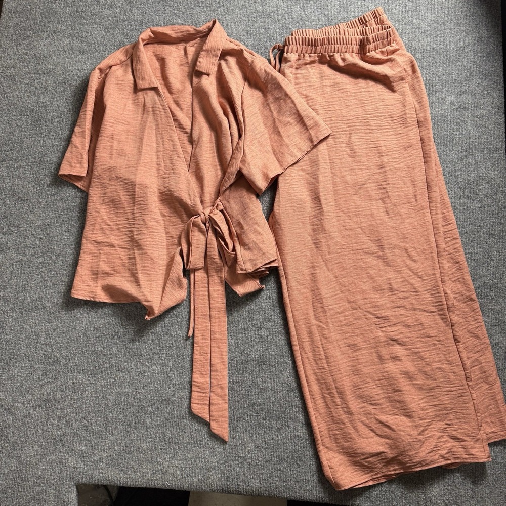 Womens Terracotta 2 Piece Set Short Sleeve Tie Front Wrap Top Wide Leg Pants 4X